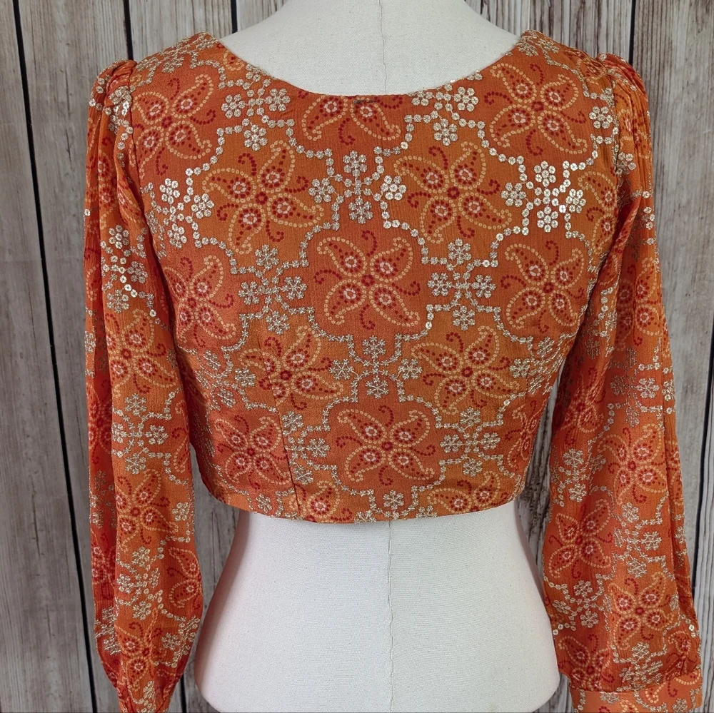 Orange Long Sleeves Crop Top, Palazzo and dupatta Set for Wedding Events - Picture 5 of 16